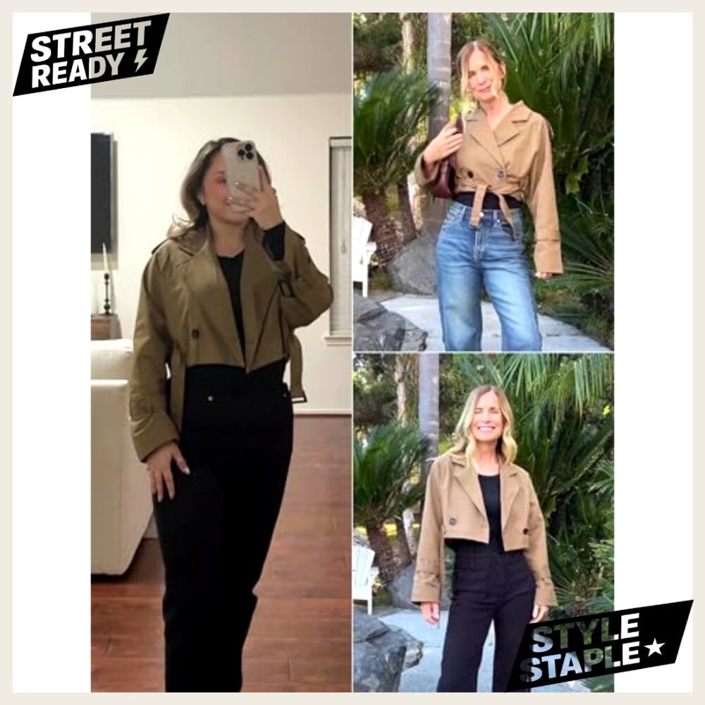 Cropped Trench Coat with Belt, Double Breasted Casual Jacket, Polyester - Picture 4 of 7